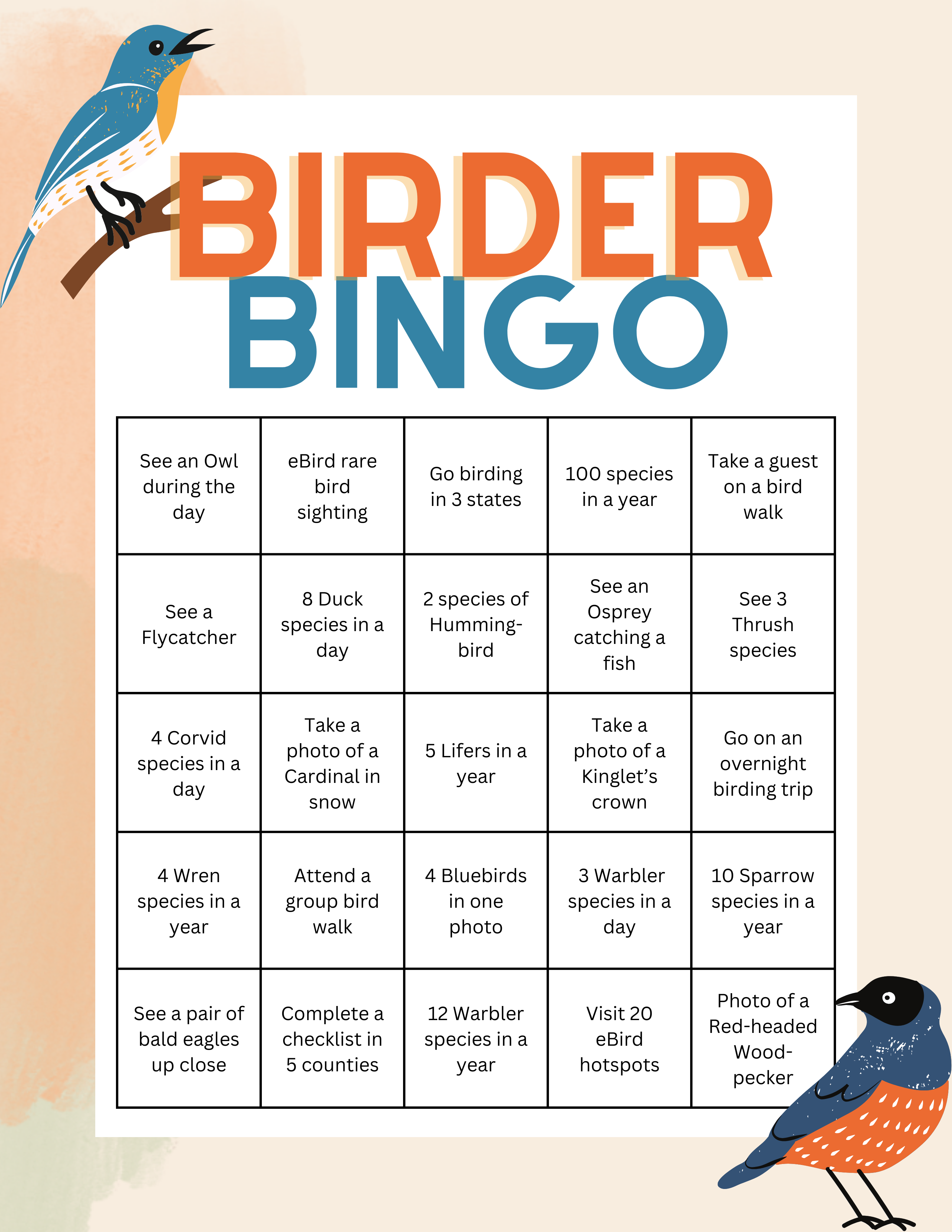 A birder BINGO card with 16 unique squares 